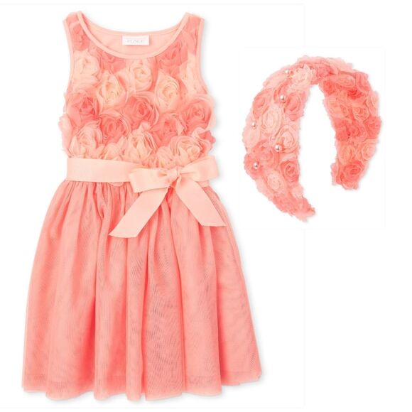 Girls Peach Roses Floral Formal Elegant Dress, Cardigan, & Headband Set Size 5/6 - Picture 2 of 16